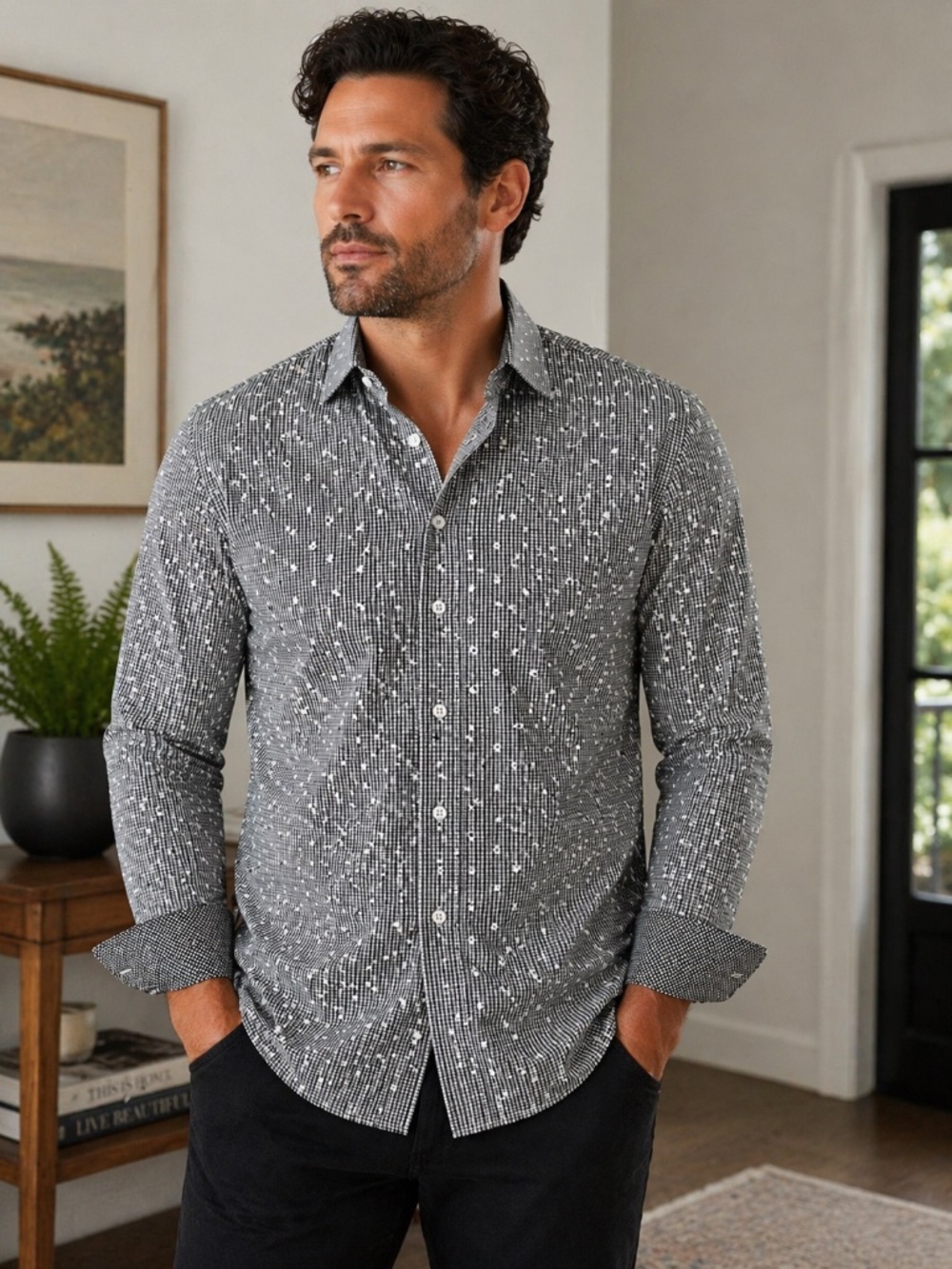 Bugatchi Uomo XL Button Down Shirt Black White Micro Check Modern Fit